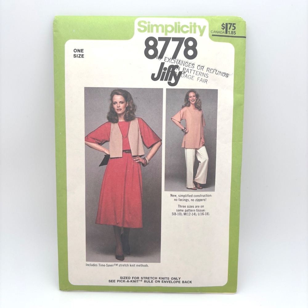 Vintage '78 Simplicity 8778 Jiffy Dress Tunic Vest Sewing Pattern Uncut Size S-L